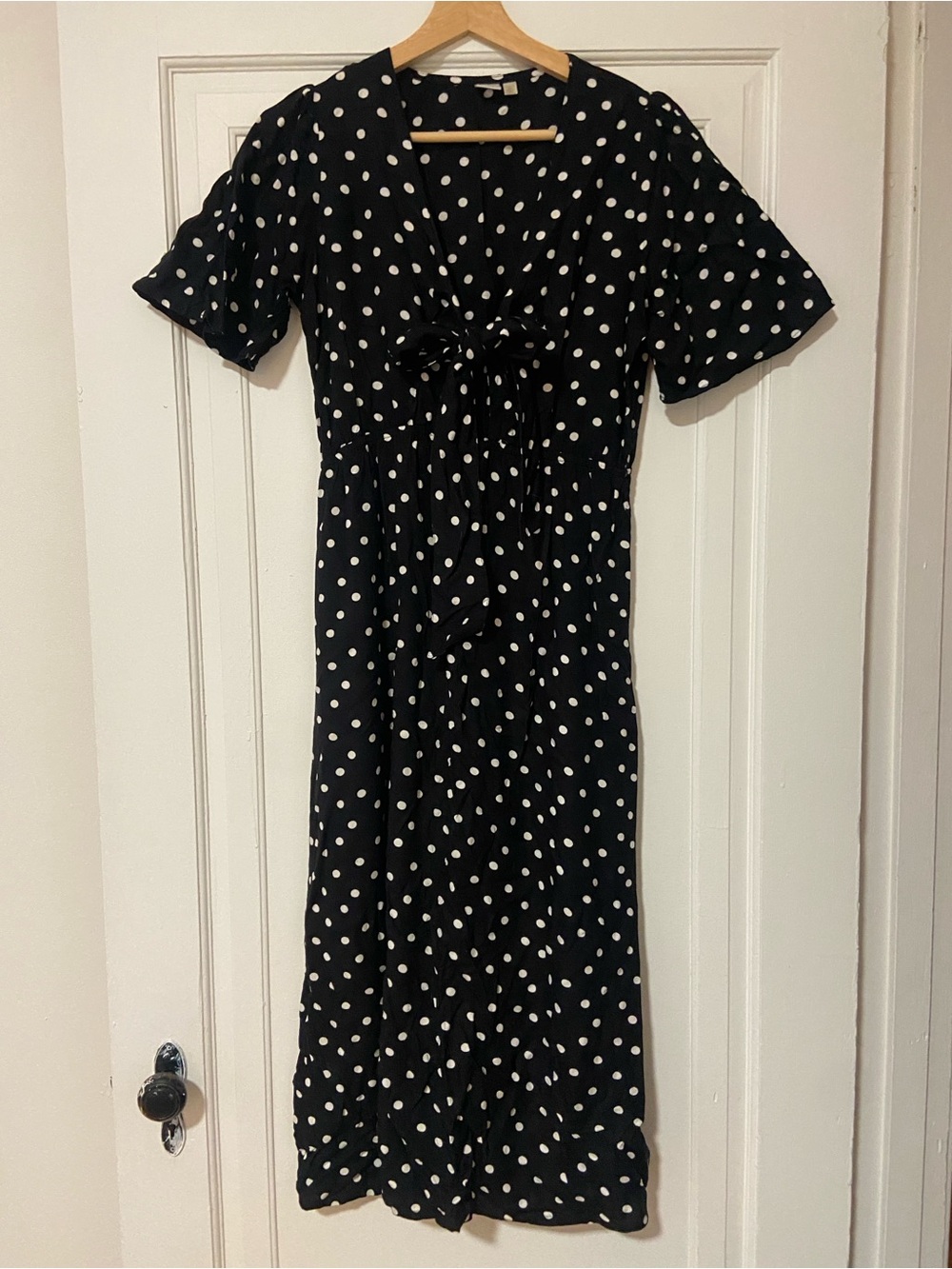 Simons Black and White Polka Dot Midi Dress with Front Tie